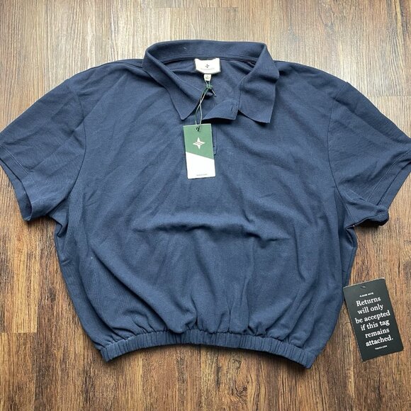 NEW Tuckernuck Top Women's L Navy Blue Polo Shirt Elastic Waist Short Sleeves - Picture 1 of 7